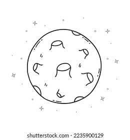Planet in space and stars around in the universe. Moon. Black and white vector isolated illustration hand drawn doodle. Outer space. Print or card
