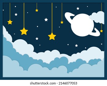 Planet in the space with stars and clouds layered paper cut design. Shadow box design. Paper cut out vector.