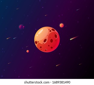 Un planeta en el espacio con estrellas y cometas. Espacio negro. Planeta amarillo. Cometas voladoras.Imagen vectorial.