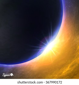 Planet in space. Sunrise from space point of view. Vector illustration.