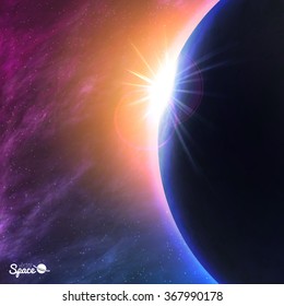 Planet in space. Sunrise from space point of view. Vector illustration.