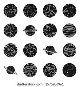 Planet in spase vector black icon set.Vector isolated illustration sun system.Icon set of planet earth,maes and venus.