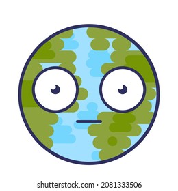 Planet sphere astonished expression emoji vector. Earth worldwide globe with wide opened eyes feeling shock or confuse. Comic smile no word emotion. Emoticon flat cartoon illustration