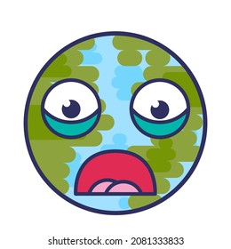 Planet sphere emoji afraid scary expression vector. Earth globe frustrated and nervous face with open mouth and scared eyes. Embarrassed smile emotion. Ooops emoticon flat cartoon illustration