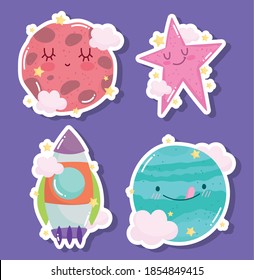 planet star rocket space adventure galaxy cartoon sticker icons vector illustration