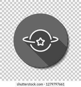 Planet and star, satellite on orbit, outline linear icon. flat icon, long shadow, circle, transparent grid. Badge or sticker style