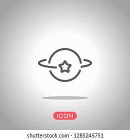 Planet and star, satellite on orbit, outline linear icon. Icon under spotlight. Gray background