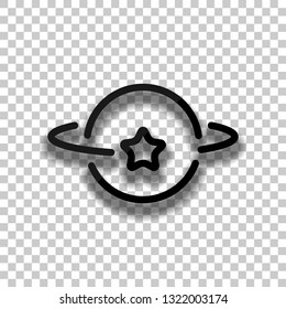 Planet and star, satellite on orbit, outline linear icon. Black glass icon with soft shadow on transparent background