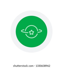 Planet and star, satellite on orbit, outline linear icon. Icon in colored circle with gray bold border. Web button, modern flat design