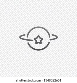 Planet and star, satellite on orbit, outline linear icon. On grid background