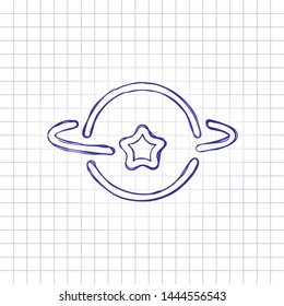 Planet and star, satellite on orbit, outline linear icon. Hand drawn picture on paper sheet. Blue ink, outline sketch style. Doodle on checkered background