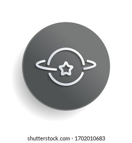 Planet and star, satellite on orbit, outline linear icon. White paper symbol on gray round button or badge with shadow