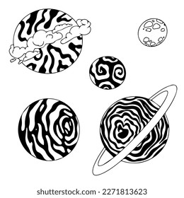 Planet. Star. Shooting star, Comet, Asteroid. Space object. Exploration of open space. Vector illustration in cartoon style.