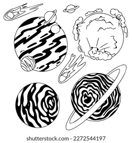 Planet. Star. Shooting star, Comet, Asteroid. Space object. Exploration of open space. Vector illustration in cartoon style.