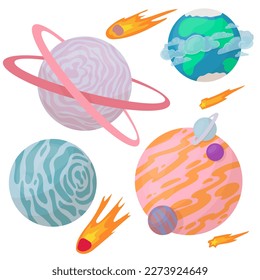 Planet. Star. Shooting star, Comet, Asteroid. Space object. Exploration of open space. Vector illustration in cartoon style.