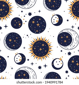 Planet star, sun and moon vector astrology astronomy luxury celestial seamless pattern. Galaxy outer space fantasy vector art.