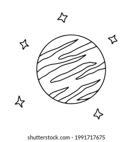 Planet and stars in outer space. Black and white vector illustration in doodle style isolated. Jupiter
