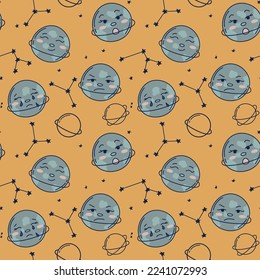 planet and stars pattern on a yellow background. Seamless starry background, planets with emotions. Cartoon space mascot characters