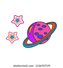 Planet and stars. Psychedelic element Flat vector illustration on white background
