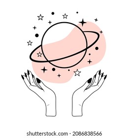 Planet and stars with woman`s hands in line art. Alchemy esoteric mystical magic talisman. 