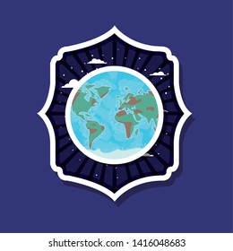 planet sticker over striped label design vector illustration