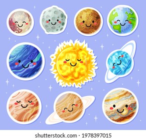 Planet stickers. Cartoon planets with cute faces. Sun, earth, moon, mars sticker. Funny solar system planets characters for kids vector set. Astronomy science education for children