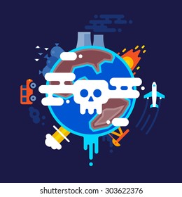 Planet suffering from industrial disasters. Vector flat illustration, no transparencies.