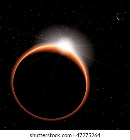 planet sunrise with distant moon visible