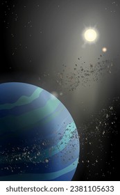 Planet. Planet und Sonnen. Sterne. Außenbereich. Sonnenstrahlen. Vektorgrafik. Schwarzer Hintergrund. Illustration.