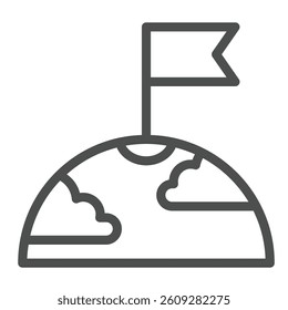 Planet surface with clouds and flag line icon, cosmos concept. Vector graphics. First tearer mark on planet sign on white background, outline style icon for mobile or web design