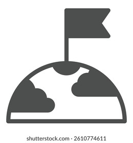Planet surface with clouds and flag solid icon, cosmos concept. Vector graphics. First tearer mark on planet sign on white background, glyph style icon for mobile or web design