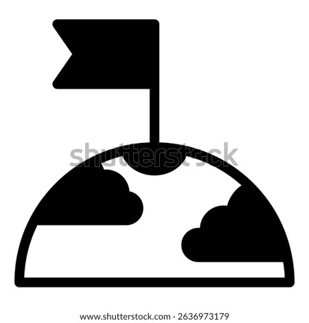 Planet surface with clouds and flag solid icon, cosmos concept. Vector graphics. First tearer mark on planet sign on white background, style mobile or design