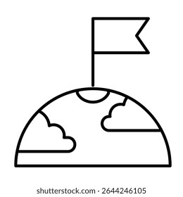 Planet surface with clouds and flag thin line icon, cosmos concept. Vector graphics. First tearer mark on planet sign on white background, style mobile or design