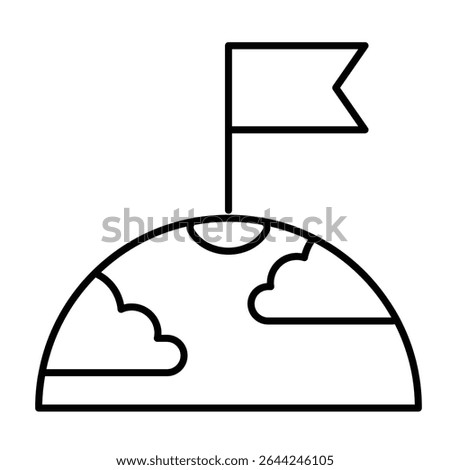 Planet surface with clouds and flag thin line icon, cosmos concept. Vector graphics. First tearer mark on planet sign on white background, style mobile or design