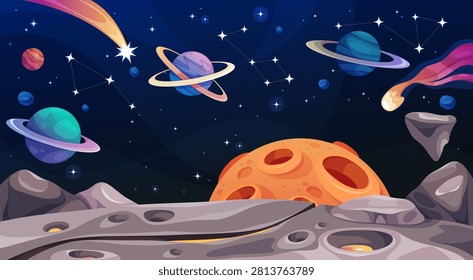 Planet surface in space with craters, stars and galaxy. Depression terrain with planets, celestial bodies and dynamic comet in sky. Vector astronomy and science fiction. Cosmic and educational design