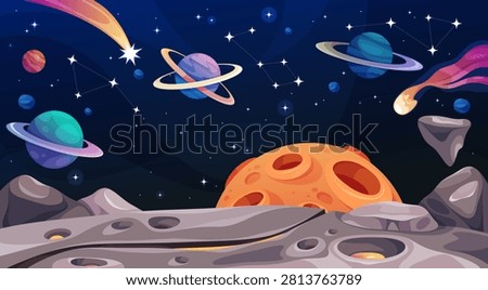 Planet surface in space with craters, stars and galaxy. Depression terrain with planets, celestial bodies and dynamic comet in sky. Vector astronomy and science fiction. Cosmic and educational design