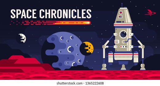 Planet surface and spacecraft landing module. Space landscape. Vector illustration.