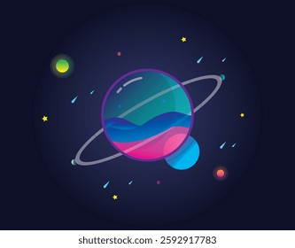 Planet Surrounded by Starts and Moons