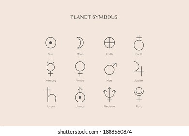 Planet Symbol Icons in Minimal Trendy Liner style. Vector astrological sign: Sun, Moon, Earth, Mercury, Venus, Mars, Jupiter, Saturn, Uranus, Neptune, Pluto for logo tattoo calendar horoscope