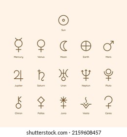 Planet Symbol Icons in Minimal Trendy Liner style. Vector astrological sign Sun, Moon, Earth, Mercury, Venus, Mars, Jupiter, Saturn, Uranus, Neptune, Pluto for logo tattoo calendar horoscope
