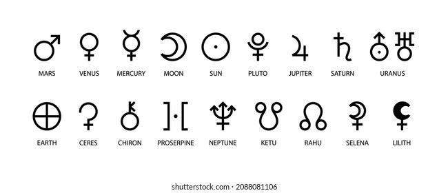 Planet symbol. Vector black sign on white. Mars, venus, mercury and moon. Sun, pluto, jupiter and saturn. Uranus, earth, ceres and chiron. Proserpine, neptune, ketu and rahu. Selena and lilith