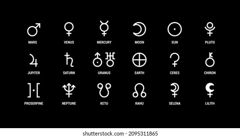 Símbolo del planeta. Signo blanco vector en negro. Marte, venus, mercurio y luna. Sol, pluto, jupiter y saturn. Urano, tierra, ceres y chiron. Proserpina, neptona, ketu y rahu. Selena y lilith