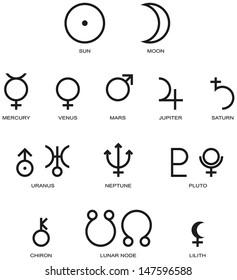 Planet Symbols - Illustration of the main symbols of astrology isolated and on white background.