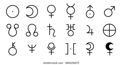 Planet symbols set. Vector signs. Astrological calendar. Zodiacal black and white horoscope. Earth; moon, jupiter; saturn; mars; venus and sun. Outline illustration. Jyotisha. Hinduism astrology