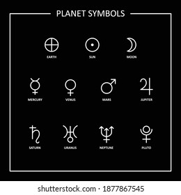 Planet Symbols Signs On Black Background. Vector