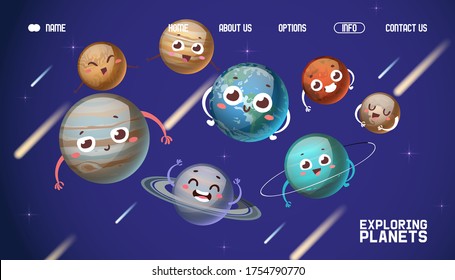 Planet system, exploring planets landing banner vector illustration. Cartoon character Jupiter, Saturn, Uranus, Neptune. Mercury, Venus, Earth and Mars personalization, site astronomy for children.