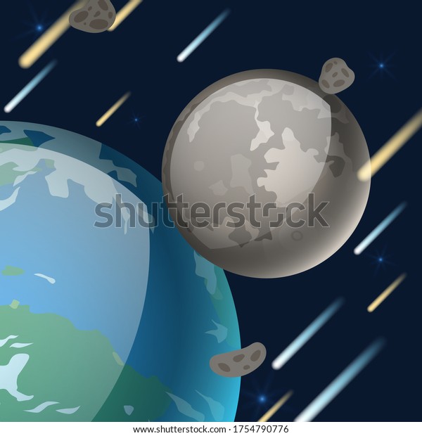 Planet\
system, natural earth satellite vector illustration. Space object\
that rotates next to earth. Moon gray surface, craters and globe\
view, cartoon green land and water,\
oceans.