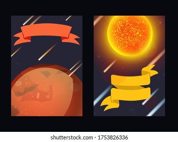 Planet system, pattern for print, space body vector illustration. Object red surface planet Mars in infinite space. Hot star sun in its planet system, cartoon bright comets fly behind.