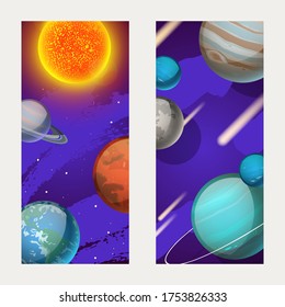 Planet system, planetary motion around sun vector illustration. Mercury, Venus, Earth and Mars in outer space galaxy. Planetarium bright postcard Jupiter, Saturn, Uranus, Neptune, Pluto.