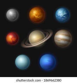 Planet systems. Realistic universe objects stars systems astronomy moon gravity jupiter vector collection